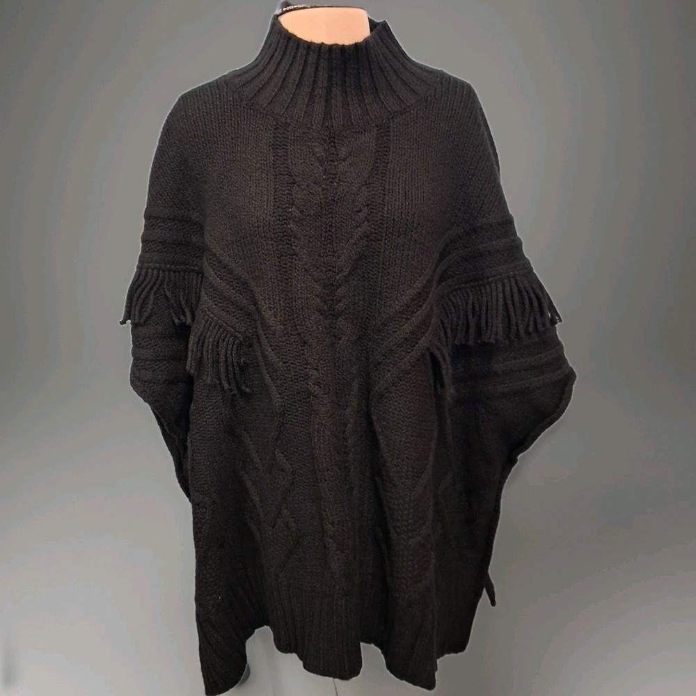 J. Jill NWT Black Cable Knit Fringe‎ Detail Mock Neck Poncho  Old Money XL-3X